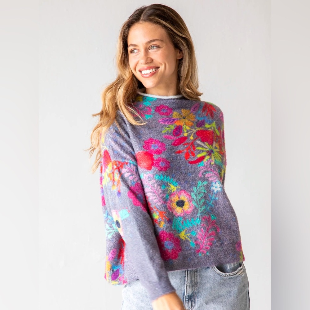 NWT NATURAL LIFE Floral Cashmere-Like Mock Neck Sweater